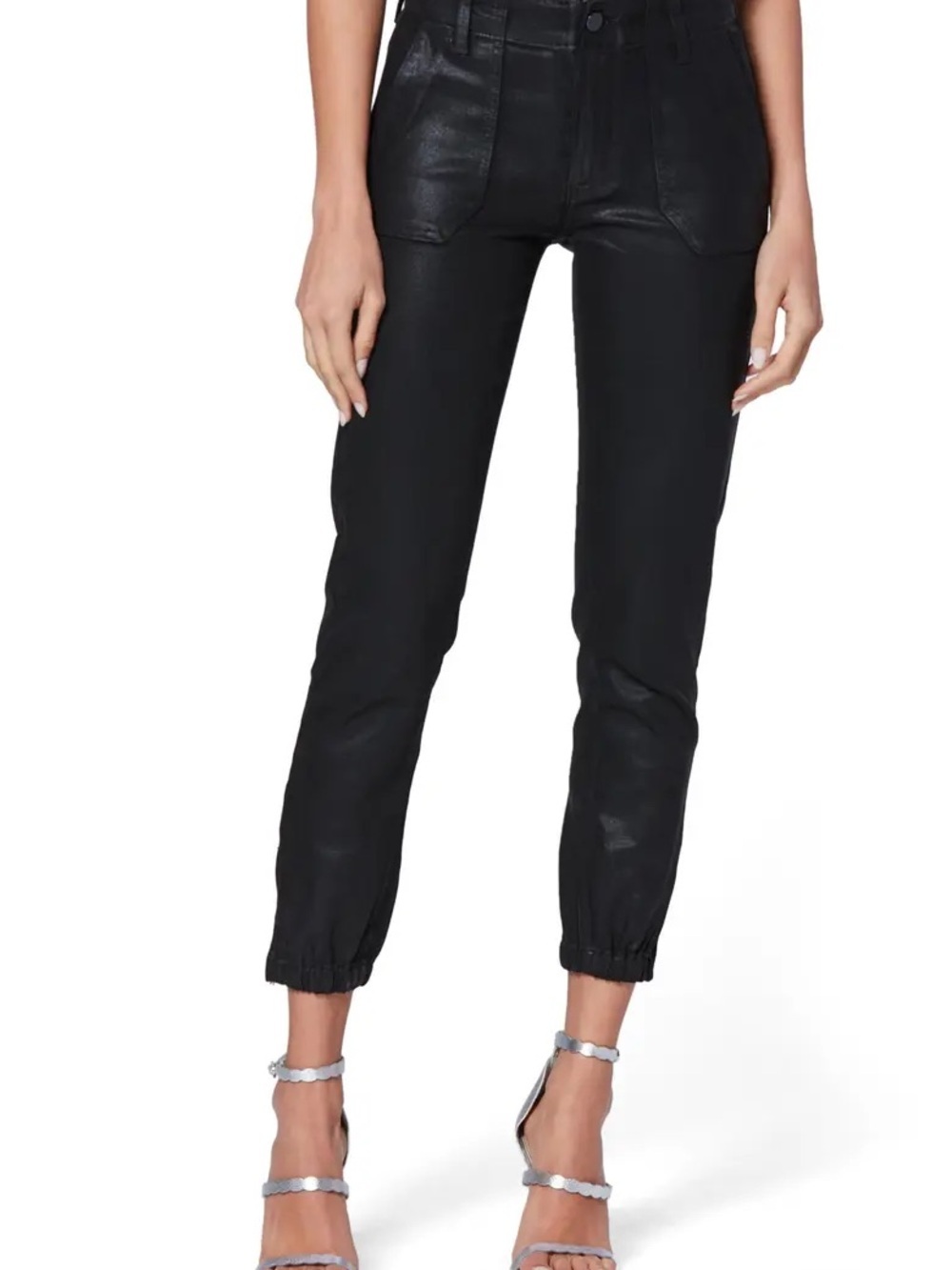 PAIGE Mayslie Black Coated Denim Utility Jogger Pants 28 Zipper Ankle Minimalist